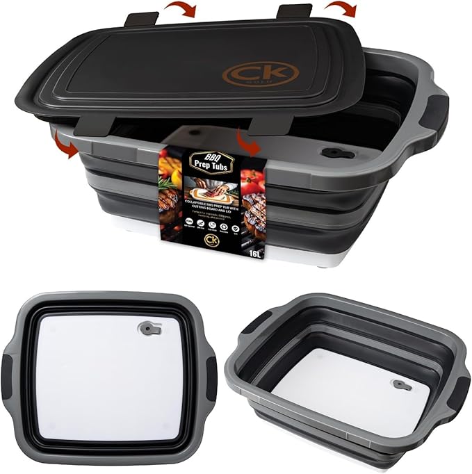 New XL Collapsible BBQ Prep Tub with LOCKING Lid Cutting Board &amp Drain Hole | BPA-Free Food-Grade Space-Saving Prep Tubs for Marinating Grilling Camping &amp Outdoor Cooking (Black 16L)