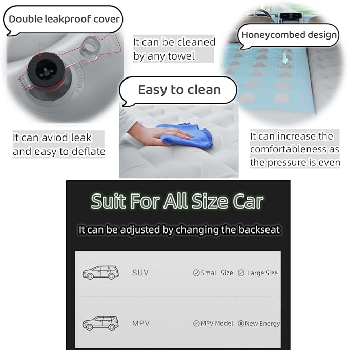 SUV Air Mattress Car Bed Inflatable Mattress for Truck Backseat - Portable Air Mattress with Flocking Surface and Pillows Foldable Air Bed for Home Tent Camping Travel - Light Grey