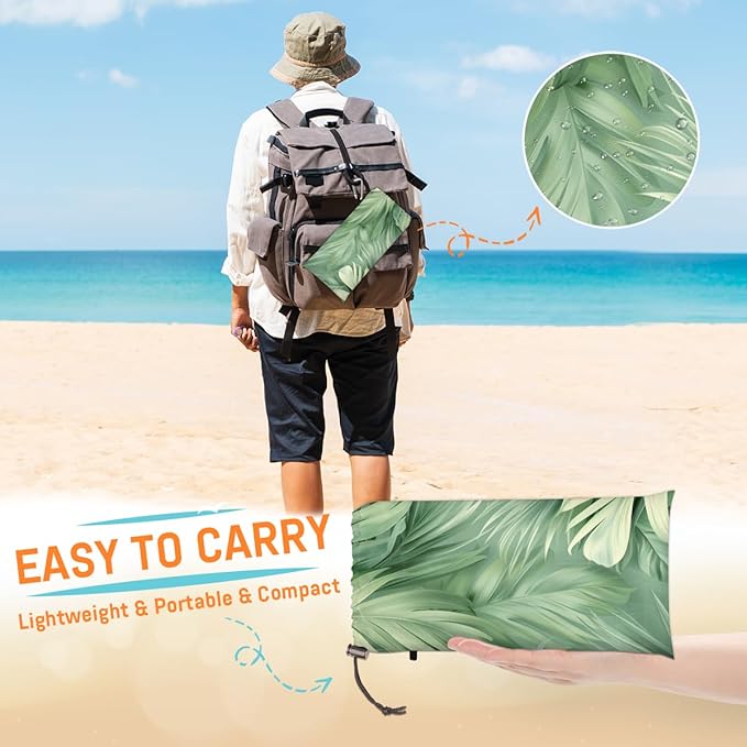 Waterproof Sandproof Beach Blanket 59''×68'' Coconut Leaves Polyester Outdoor Picnic Blanket with 4 Stakes &amp Storage Bag for BeachCampingVacation Winter Green