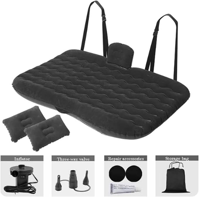 SUV Car Inflatable Bed Camping Air Bed Car Inflatable Mattress PVC Flocking Material Car Camping Sleeping Mat (Black)