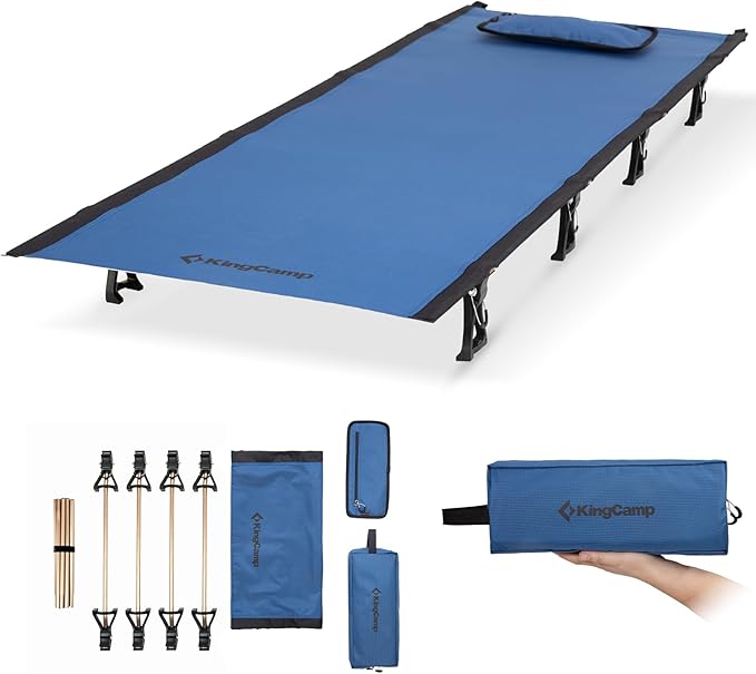 KingCamp Ultralight Camping Cot Portable Folding Tent Camping Cot 265 Lbs Heavy Duty Sleeping Cot with Pillow for Adults Outdoor Backpacking Travel Hiking Blue/Black