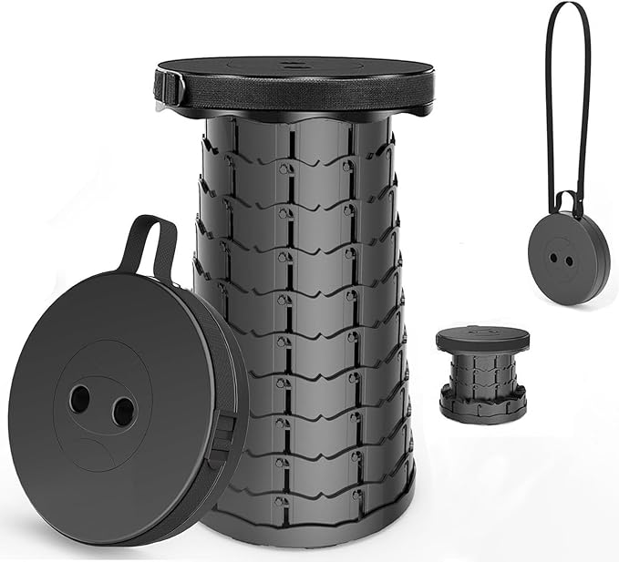 WESAPPINC Upgraded Collapsible Stool Lightweight &amp SturdyMax 400lbs Portable Retractable Telescoping Stool Foldable Camping Stool for Adults Outdoor Hiking Garden BBQ Fishing (Black)