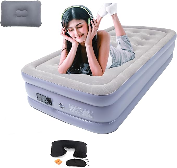 Twin Air Mattress Bed with Built in Pump16 Inches High Airbed Inflatable MattressComfort Thickened Blow Up Air BedTravel Sleeping Pad for Guests Home (Twin Size)