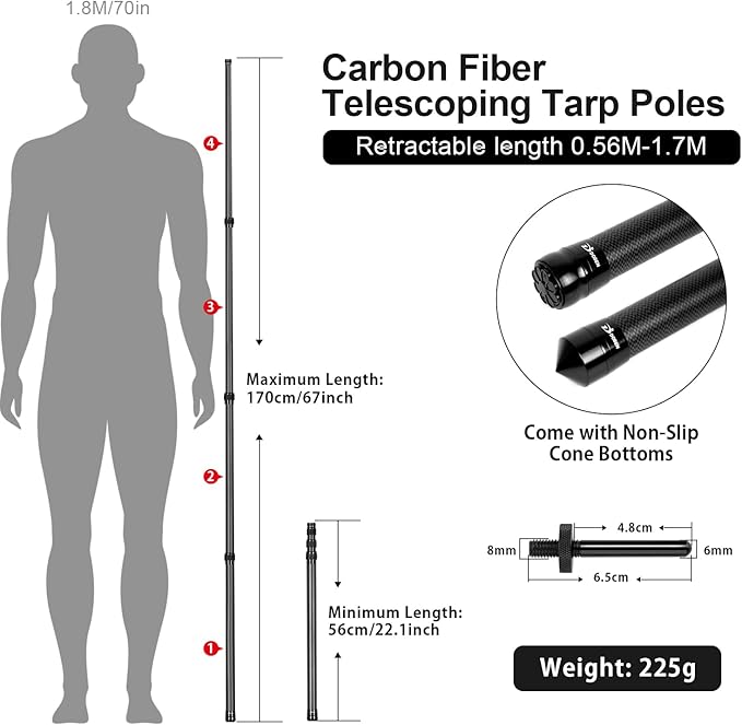 Telescopic Tarp Poles Canopy Adjustable Carbon Fiber Poles Set of 2 Portable &amp Lightweight Tent Tarps for Awning Camping Hiking 83