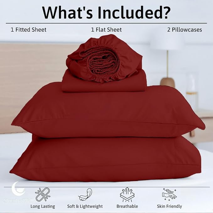SlumberWell 4 Piece Luxury Soft Microfiber Fitted Bed Sheet Set for Campers RV 8 to 12 Inch Deep Pocket Olympic Queen 66 x 80 Burgundy