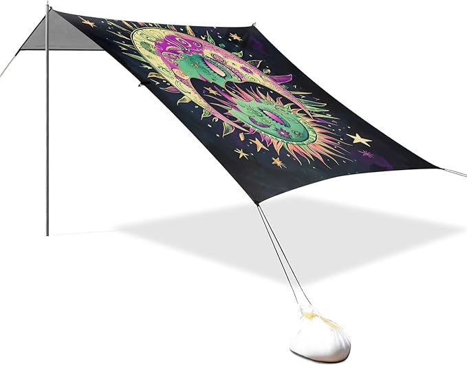 ALAZA Moon Stars Alchemy Beach Tent Sun Shelter UPF50+ Protection Beach Shade Canopy w/ 4 Sandbags for Outdoor Camping Fishing Backyard Fun Picnic 10x9 ft