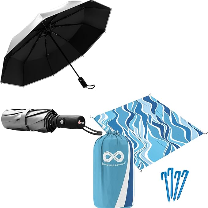 Beach Blanket and UV Umbrella – Sandproof Mat and Wind-Resistant Shade for Outdoor Comfort at The Beach Park or Festivals