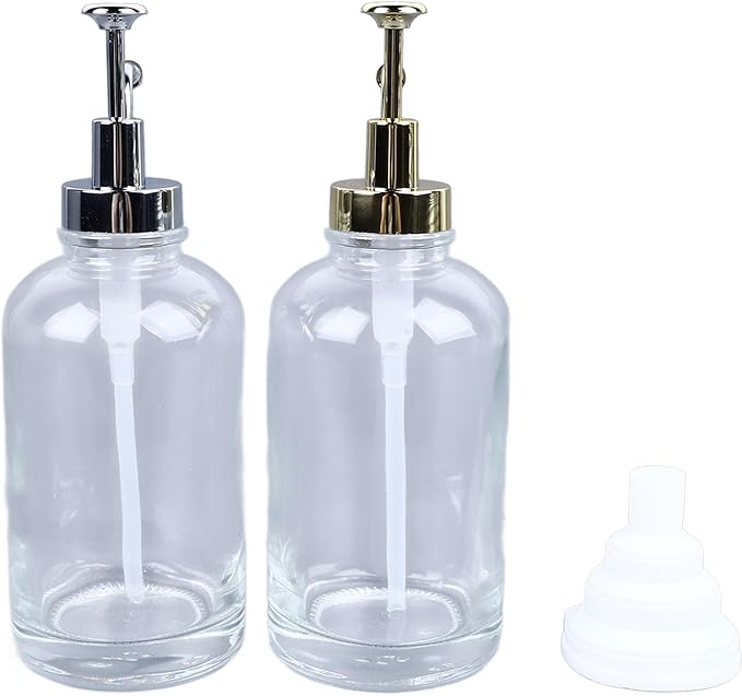 Kikumi Coffee Syrup Dispenser 2 x 500ml Glass Bottles with Stainless Steel Pump Dripless Design for Kitchen Olive Oil Bathroom Mouthwash Accessories