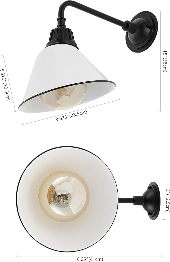 JONATHAN Y 9.63 White/Black 1-Light Farmhouse Outdoor Sconce Industrial LED Wall Light Gooseneck Arm Barn Lamp with Metal Bell Shade for Porch Patio Kitchen LED Bulb Included JYL7612A