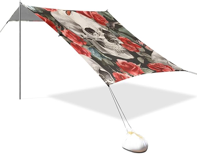 Beach Tent Sun Shelter Skull with Gorgeous Roses Lightweight &amp Easy Setup Beach Shade Canopy for Camping Fishing