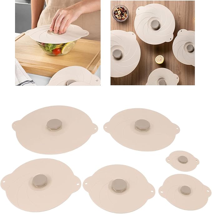 Silicone Food Can Lids 6Pcs Heat Beige Sealing Pot Pan Covers - Leakproof Airtight Design Multipurpose Kitchen Storage