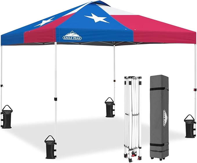 EAGLE PEAK Pop Up Canopy Tent with Wheeled Carry Bag 8 Stakes 4 Ropes 4 Weight Bags Easy Set Up Tent Canopy 10x10 ft 100sqft of Shade Texas