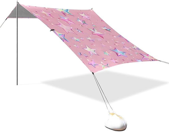 ALAZA Rainbow Stars Pink Beach Tent Sun Shelter UPF50+ Protection Beach Shade Canopy w/ 4 Sandbags for Outdoor Camping Fishing Backyard Fun Picnic 10x9 ft