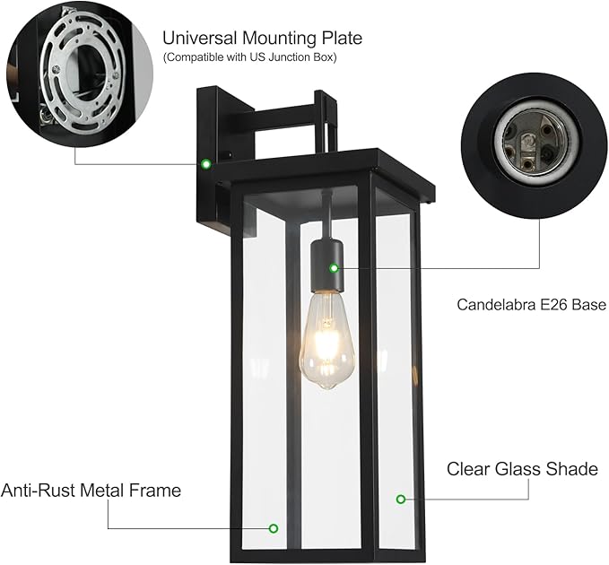 tewei Large Size Outdoor Wall Lantern Exterior Wall Light Fixture Matte Black Porch Light Waterproof Outdoor Lights for House with Clear Glass Shade E26 Base Wall Sconces for Garage (1 Pack)