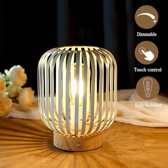 JHY DESIGN Touch Bedside Table Lamp Metal Cage LED Lantern Rechargeable Battery Powered Lamp with LED Bulb Cordless Accent Lamp for Weddings Parties Patio Events for Indoors Outdoors(Cylinder)