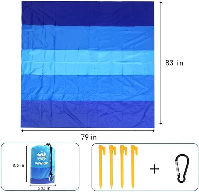 Beach Blanket with Stakes and Carrying Bag Extra Large 83x79 inches Waterproof Sand-Free Blue Stripes