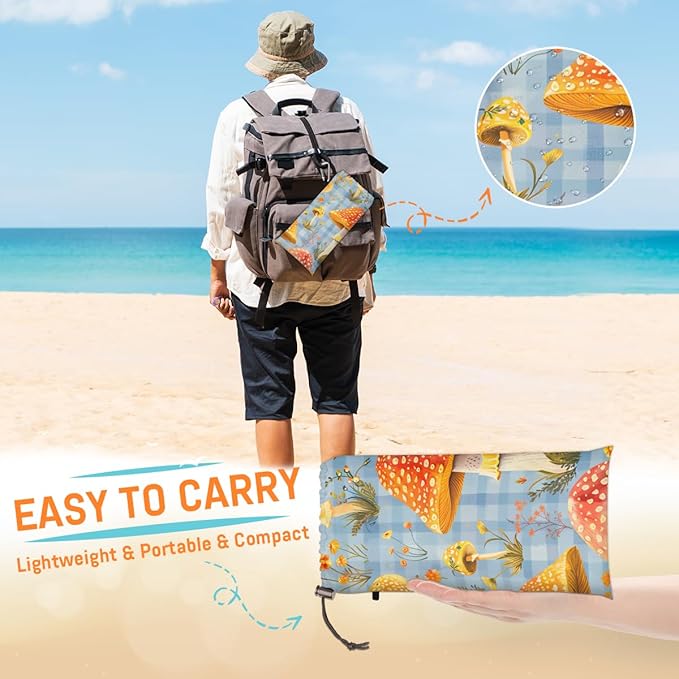 Waterproof Sandproof Beach Blanket 59''×68'' Plants Mushrooms Polyester Outdoor Picnic Blanket with 4 Stakes &amp Storage Bag for BeachCampingVacation Orange