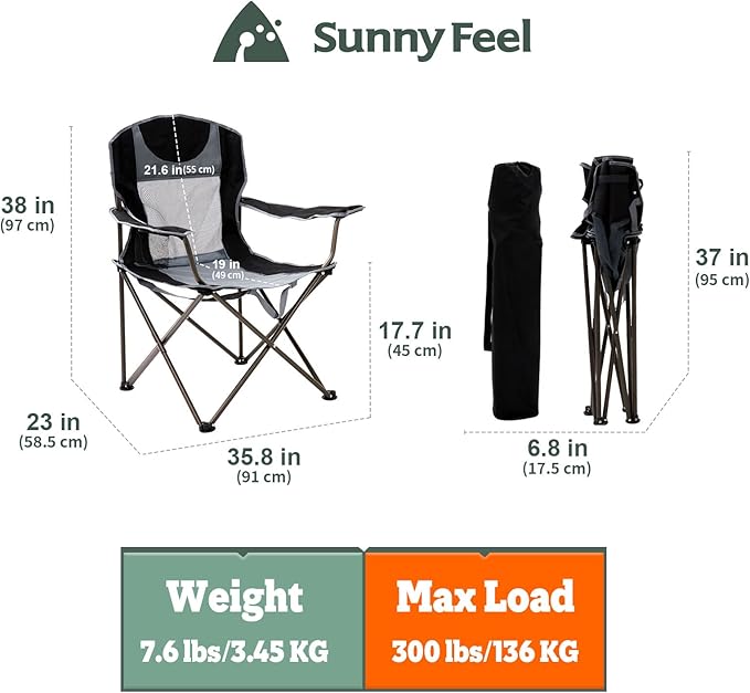 SUNNYFEEL Folding Oversized Camping Chair Padded Portable Lawn Chairs for Adults Heavy Duty 300 LBS Folding Camp Quad Chair High Back with Cup HolderArmrest for PicnicBeachSports