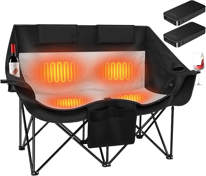 Heated Double Camping Chair with 2 20000mAh Battery Pack 2 Control Switches 2-Person Loveseat 550 lbs for Outdoor Sports Picnics Rugby Match Lawn. Make Your Autumn and Winter Warmer