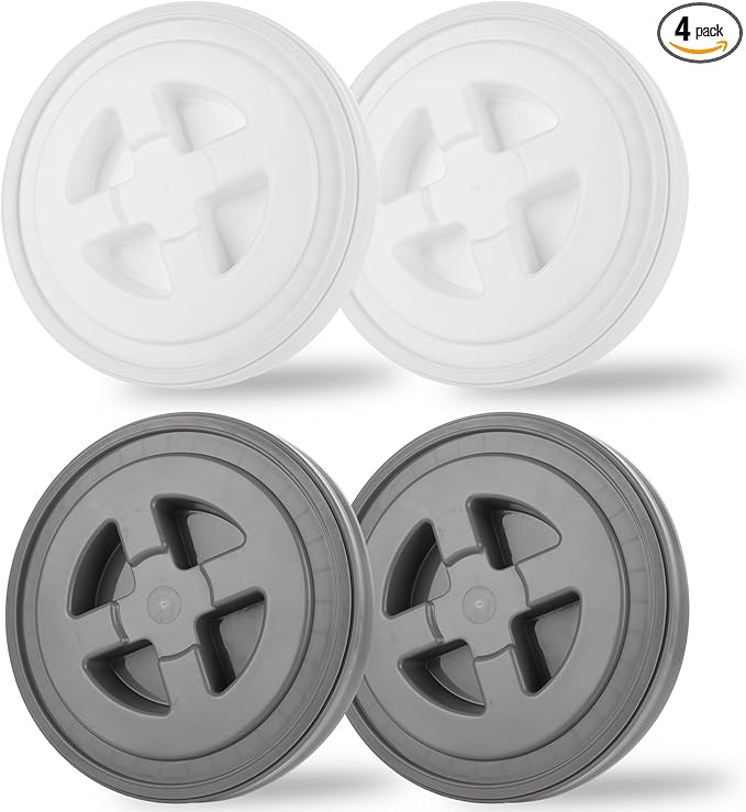 4 Pieces 5 Gallon Gamma Seal Lids Food Grade Leak-Proof Buckets Lids Plastic Screw Pail Lid for Pet Food Storage Chicken Feeders Paint Storage Compatible with Gamma (White+Grey)