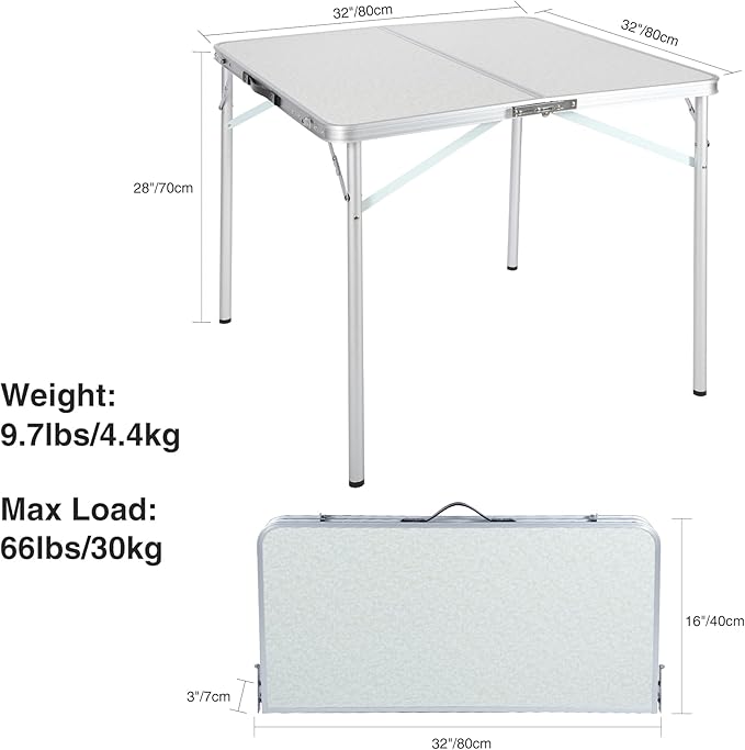 REDCAMP 32 Square Folding Camping Table with Adjustable Heights Legs Lightweight Portable Aluminum Fold in Half Small Card Tables Bridge Tables for Outdoor Picnic White