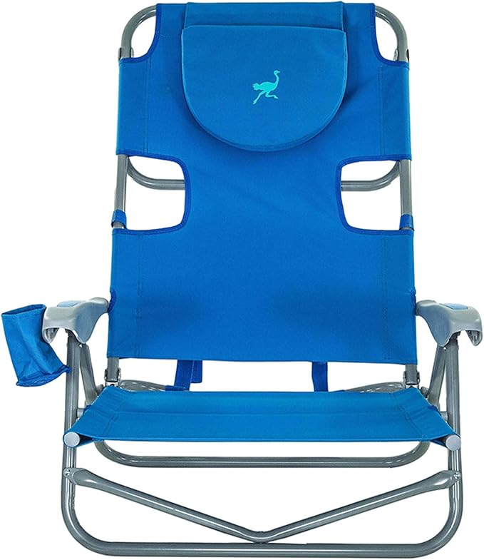 Ostrich the Heavy-Duty Backpacker Portable Beach Chair with Face Hole Adjustable Lounge Chair with Face Opening Cup Holder &amp 325lb Capacity Blue