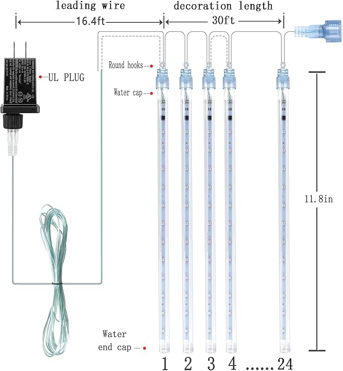 Kwaiffeo Warm White Christmas Lights Outdoor 24 Tubes(Equivalent to 3 Sets of 8-Tube) LED Meteor Shower Lights for Xmas Wedding Party Decorations Warm White Fairy Icicle Light for Yard Outside