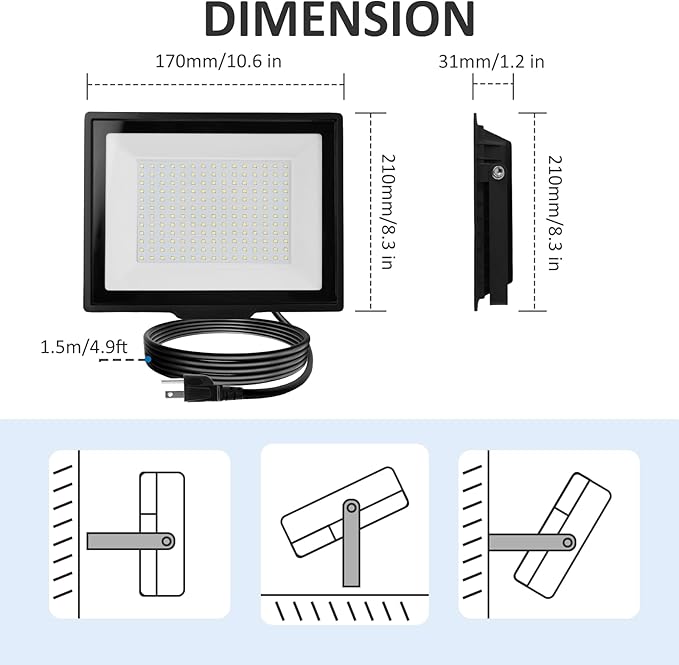 100W Flood Lights Outdoor12000LM Bright Work Light Plug in6500K Daylight White LED Flood Light Outdoor IP66 Waterproof Exterior Floodlight for Yard Garage Stadium 2 Pack