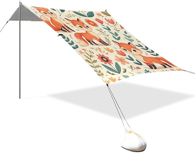 Cute Foxies and Floral Elements Camping Sun Shelter Beach Tent Portable Beach Sun Shade Outdoor Canopy for Camping Trips Fishing Picnic