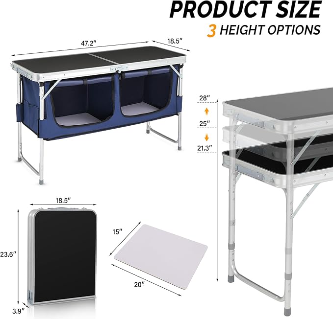 VINGLI 4 Ft Folding Table Aluminum Camping Table Picnic Table with Storage Adjustable Height for Outdoor Beach BBQ Backyards Travel Party (Black ＆ Blue)
