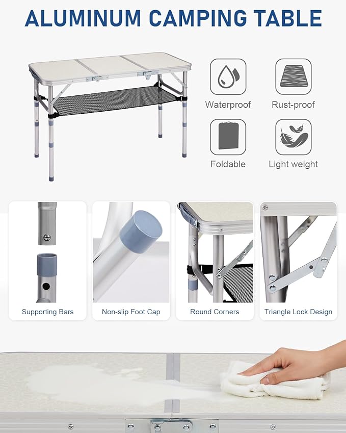 Outvita Folding Table 3FT Aluminum Camping Table with Storage Adjustable Height Picnic Table Lightweight for Carring Outdoor Party Events Beach