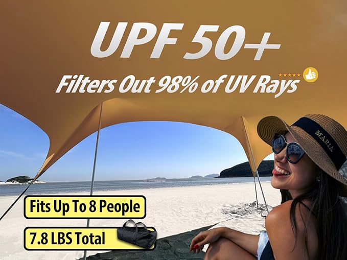 10×10ft UPF50+ Beach Tent Sun Shelter Windproof Stable Outdoor Pop Up Beach Shade Canopy for Camping Fishing Backyard Fun or Picnics 2 Poles