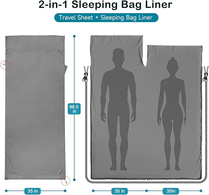 Sleeping Bag Liner Ultralight Silky Satin Adult Sleep Sack &amp Self Tan Sleep Sack with Two-Way-Zipper Single Camping Sheet &amp Travel Sheets for Hotel