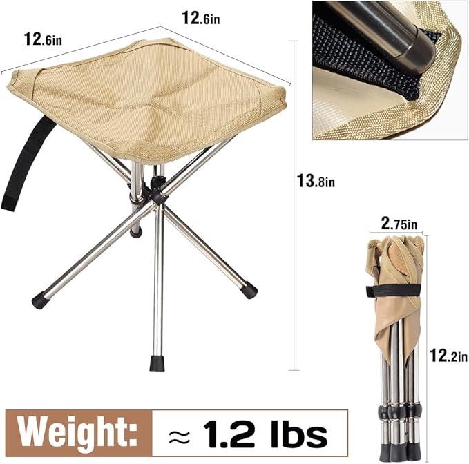 Ultra-Lightweight Camping Stoo - 260lbs Capacity | 13.8in Expanded Height | 1.2lbs Ultra-Light &amp Waterproof | 1-Pull Quick Setup for Camping Hiking Fishing BBQ &amp Waiting in Line (Khaki)