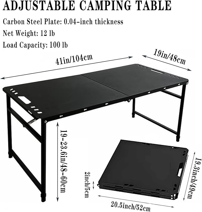 SoloWilder Foldable Camping Table with Gas Struts 3'5 Outdoor Portable Table 19 - 24 Height Adjustable Carbon Steel Lightweight Camping Table 12lb