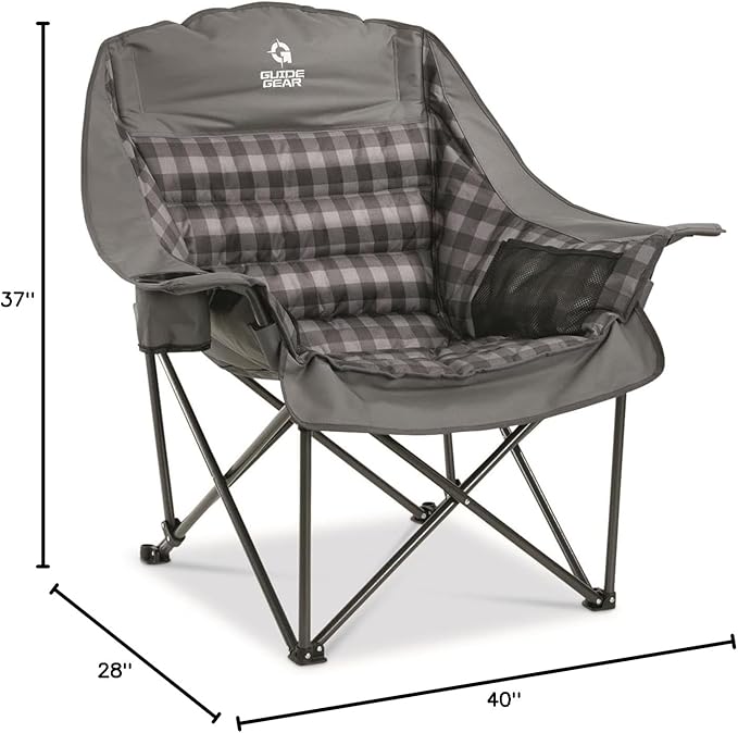 Guide Gear Oversized Extra Large Padded Camping Chair Portable Folding Large Camp Lounge Beach Chairs for Outdoor Adults Men and Women Heavy-Duty 400 Pound Capacity with Cup Holder Gray Plaid