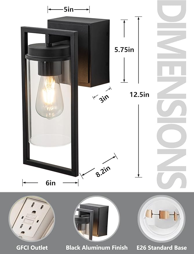 Outdoor Lights with GFCI Outlet Modern Porch Lights Waterproof Exterior Light fixture with Outlet plug Black Wall Sconce Wall Mount with Clear Glass Outside Patio lights for House Garage