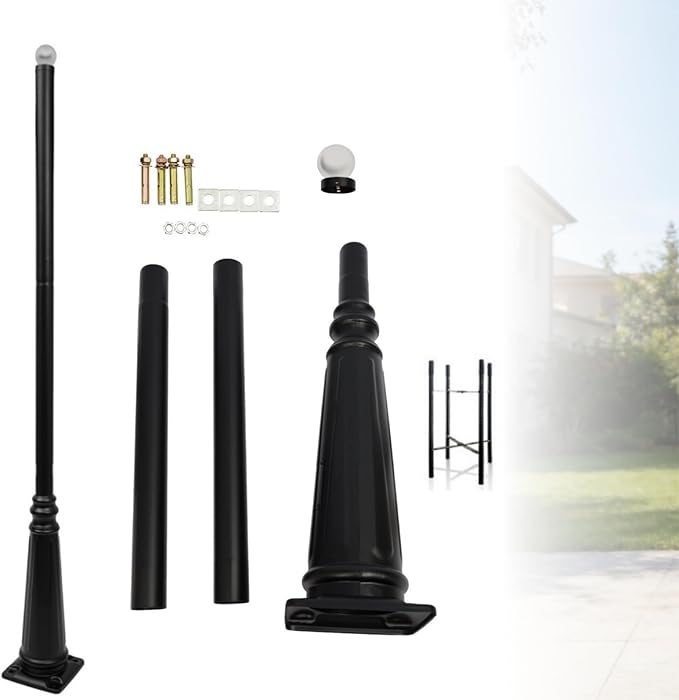8FT Outdoor Lamp Post Split Street Light Pole with Top Globe &amp Ground Cage Lighting Post Fixtures for Pathway Courtyard Parking Lot Fits Standard 3 Post Top Fixtures (8FT 275+76mm)
