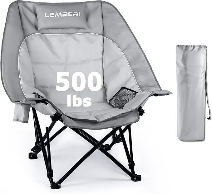 LEMBERI Oversized Heavy Duty Camping Chair for Adults500lbs Comfortable Folding Lawn Chairs Large Outdoor Portable Chair with Cup Holder Side Pocket and Cooler Bag Gray