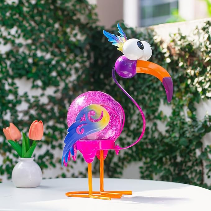 Funny Birds Solar Lanterns Outdoor Waterproof LED Solar Lights Crackle Glass Decorative Crane Tabletop Lantern Garden Yard Art Patio Porch Decor Gift for Women Moms (Purple)