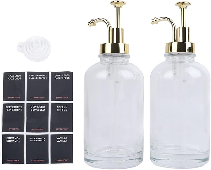 2PCS Syrup Dispensers for Coffee Accessories Glass Syrup Bottle Pump with 9 Labels Silicone Funnel Gold Precise Dispensing Stylish Addition to Coffee Shop Cafe Home Bar