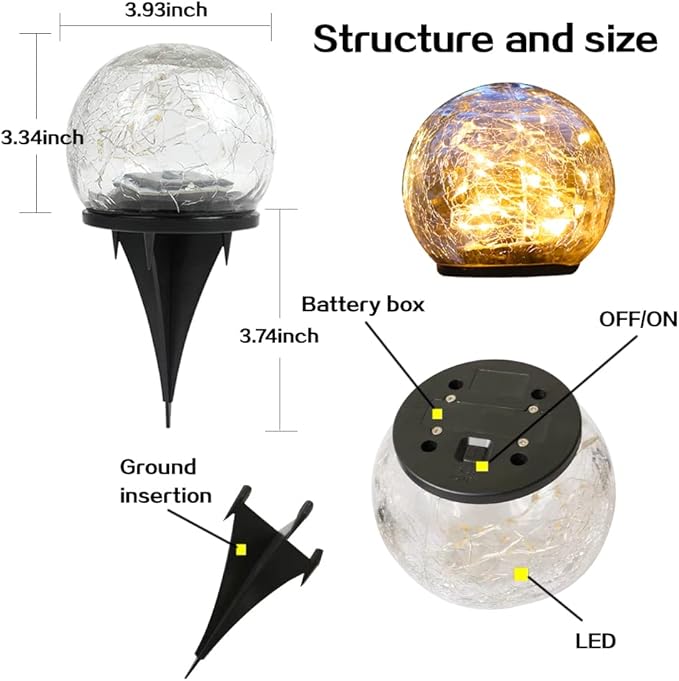 TOMEX 4 Pack Solar Garden Lights Cracked Glass Ball Waterproof Warm White LED for Outdoor Decor Decorations Pathway Patio Yard Lawn 4 Pack (4.7)