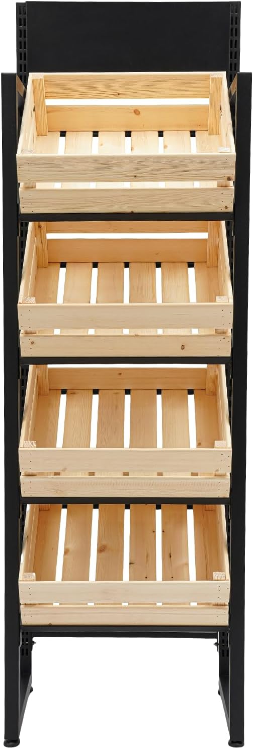 Market Retail Display Rack 4-Tier Fruit Vegetable Storage Rack Solid Wood Baskets &amp Iron Frame 44.09LBS per Tier Load Space-Saving Free Standing Shelf for Supermarket Home Fruit Store