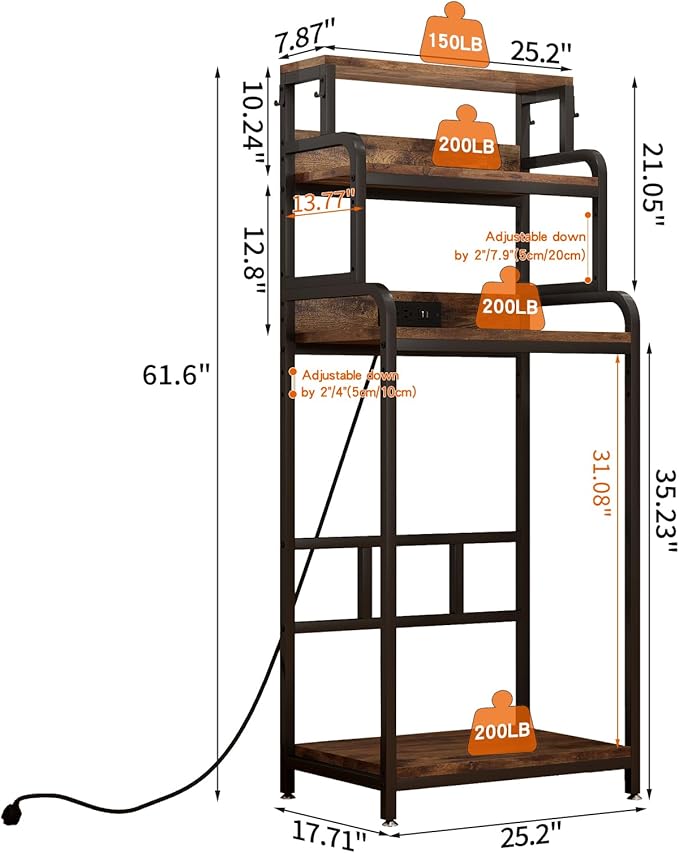 Vintage 4-Tier Storage Cabinet for Mini Fridge Microwave Stand Bakers Rack with Adjustable Shelves Heavy Duty MDF Metal Frame for Kitchen Office Dorm