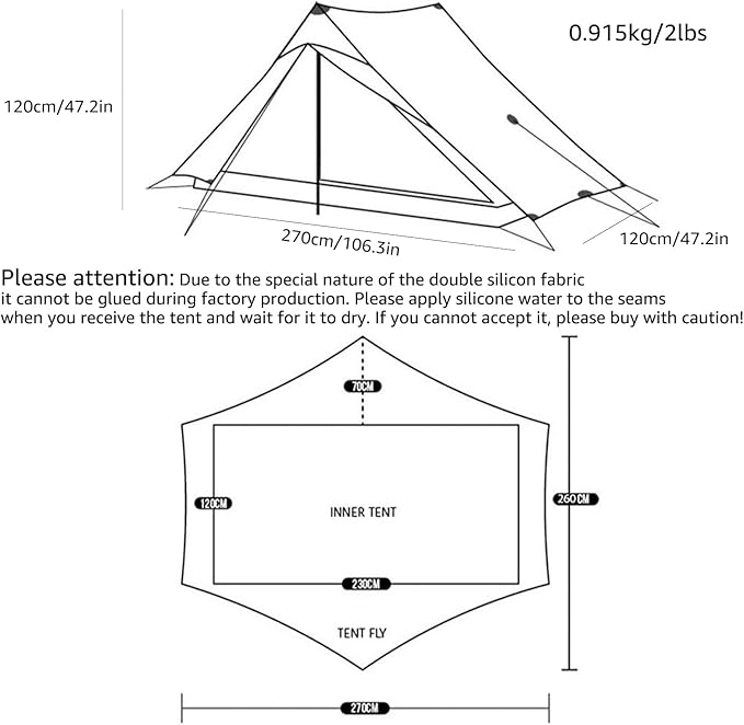 3FULGEAR Lanshan 2 Pro Tent 2 Person Ultralight Camping Tent 3/4 Season Professional 20D Silnylon Rodless Tent for Camping Climbing Hiking