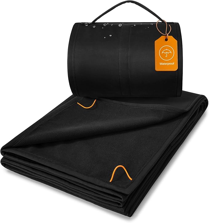 BEDELITE Large Waterproof Camping Blanket for Spring and Autumn Lightweight Packable Blanket for Car Foldable Fleece Stadium Blanket for Outdoor Sports Wearable Machine Washable 55 x 80Black