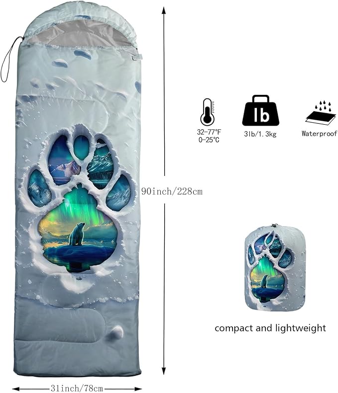 Kids Sleeping Bag for Boys GirlsCartoon Football Print-Lightweight Warm Portable Outdoor Indoor-Waterproof Cold Weather Resistant Sleeping Bag for Camping Hiking