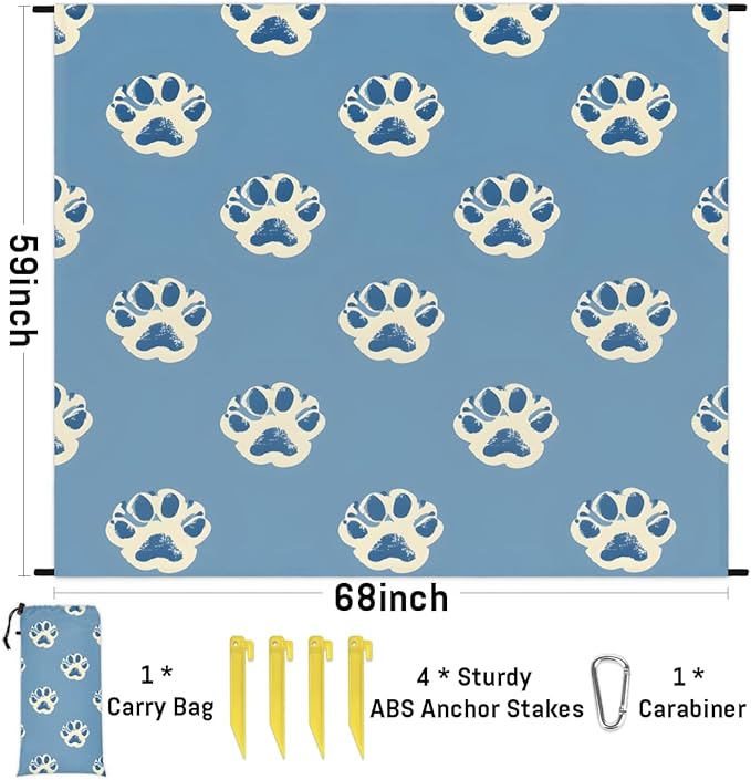Waterproof Sandproof Beach Blanket 59''×68'' Dog Footprints Polyester Outdoor Picnic Blanket with 4 Stakes &amp Storage Bag for BeachCampingVacation Blue
