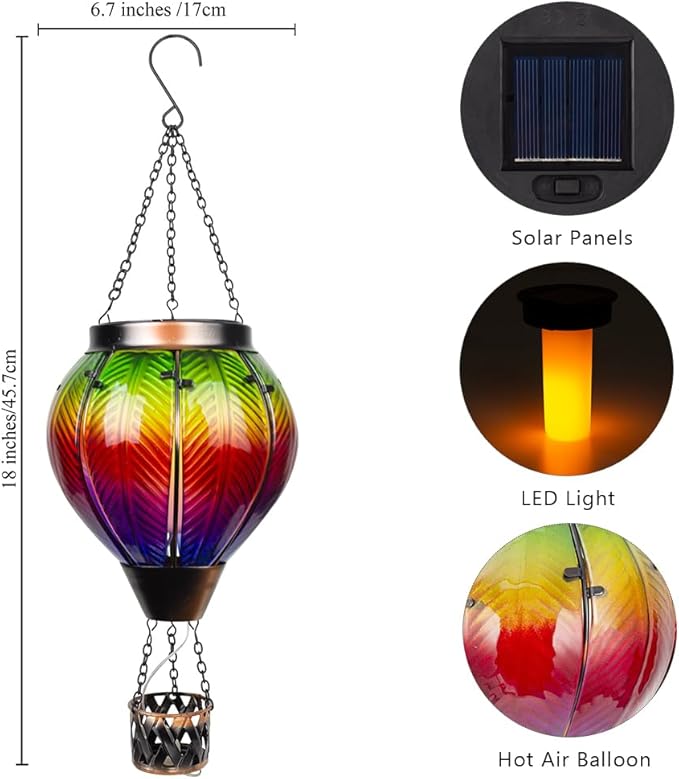 Colorful Solar Hot Air Balloon Lantern with Flame Flickering LED Glass Hanging Solar Lanterns Outdoor Waterproof Hot Air Balloon Lights for Patio Yard Garden DecorMother Day Gifts for Women