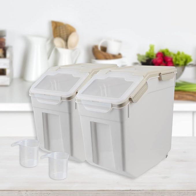 Large Flour Storage Container Bin 25lb 2Pack Airtight Rice Storage Containers with Wheels Seal Locking Lid BPA Free with Measuring Cup&ampScoop for Flour Rice Grain(Gray)